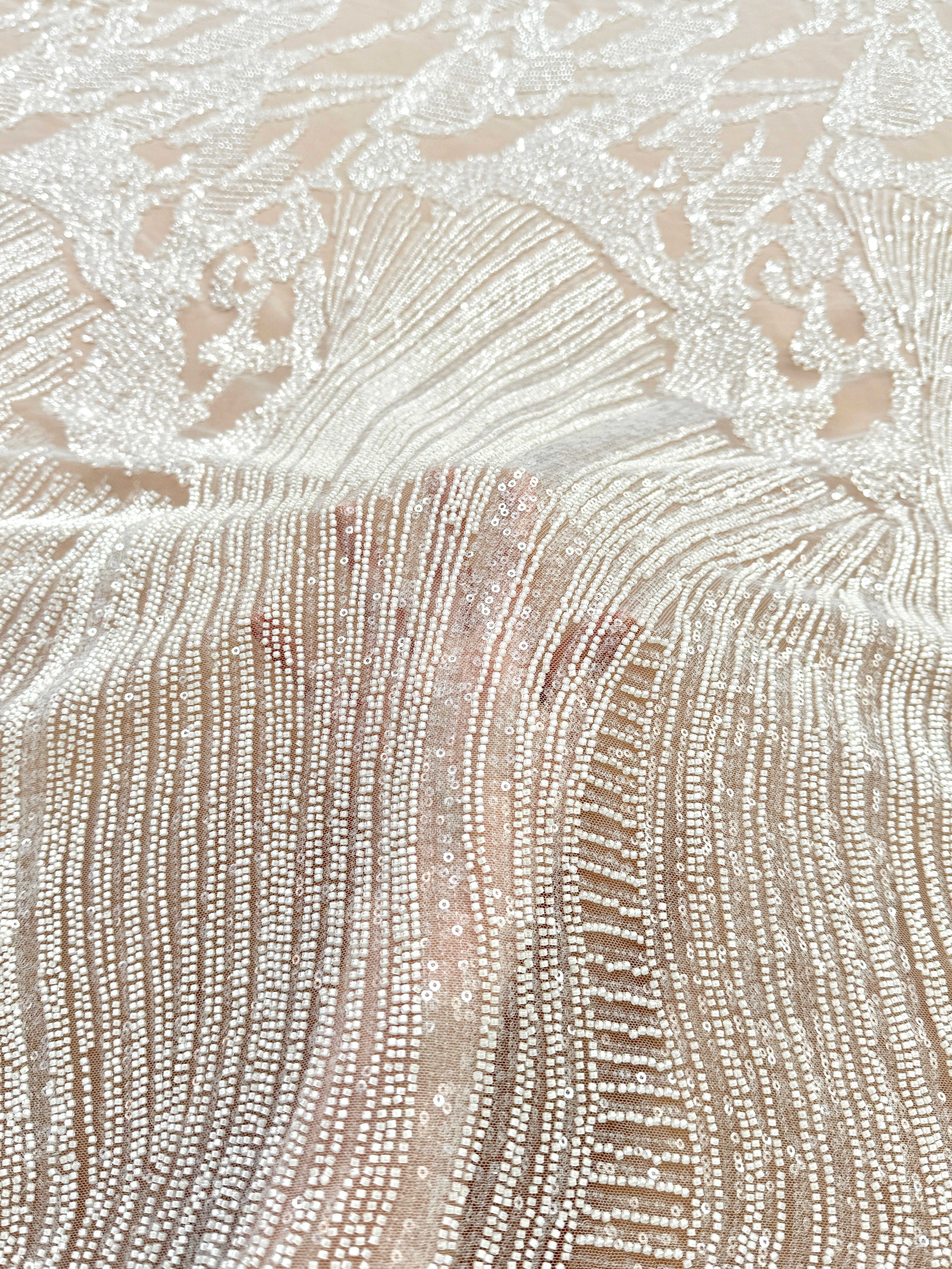 Dantela Couture Ivory cu Model Geometric, cu Margele si Paiete