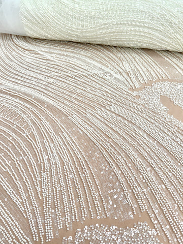 Dantela Couture Ivory cu Model Geometric, cu Margele si Paiete