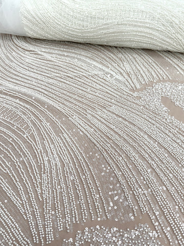 Dantela Couture Ivory cu Model Geometric, cu Margele si Paiete