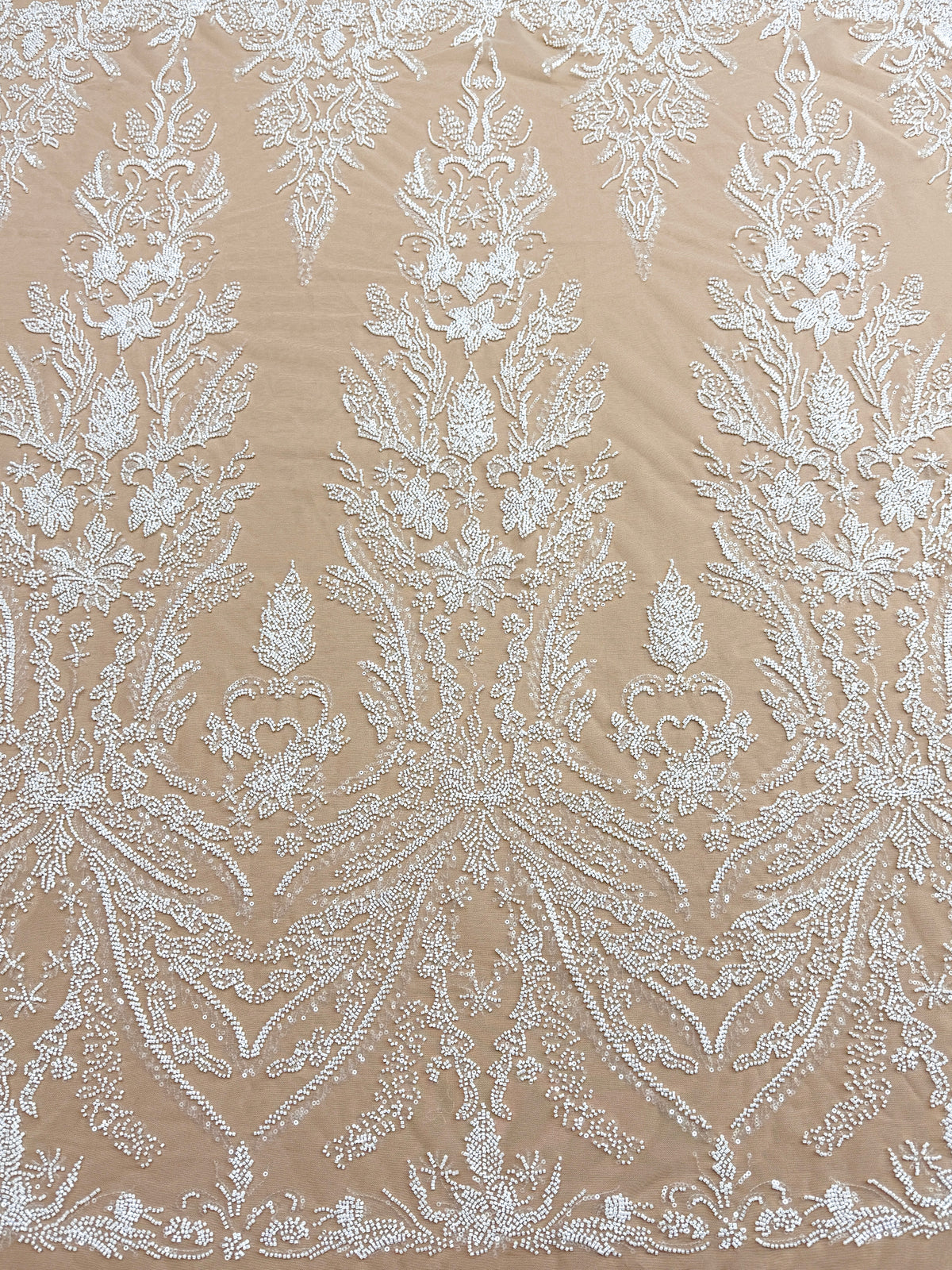 Ivory Couture Lace on Nude Tulle with Floral Pattern, Beads and Sequins