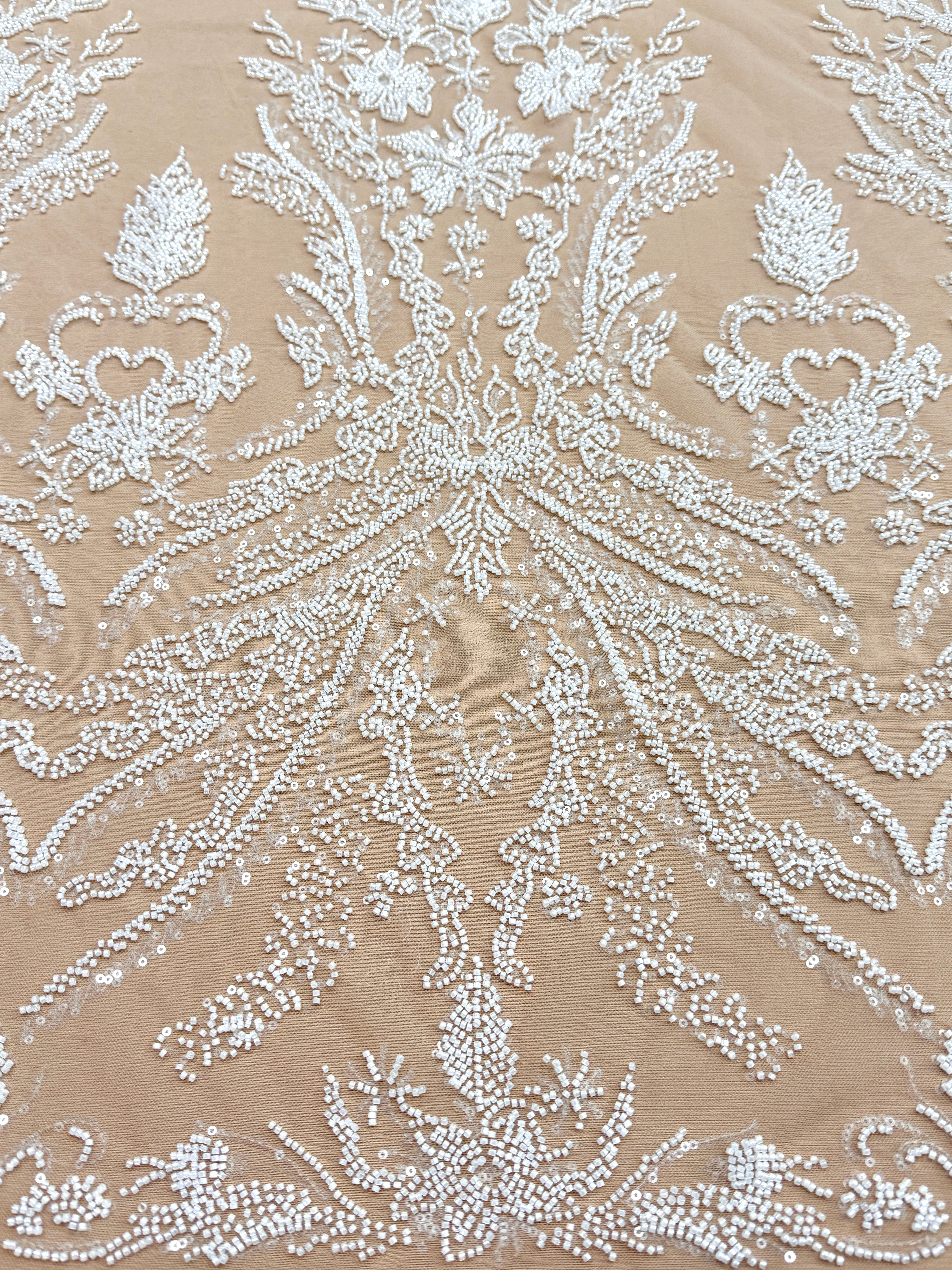 Ivory Couture Lace on Nude Tulle with Floral Pattern, Beads and Sequins