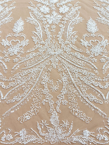 Ivory Couture Lace on Nude Tulle with Floral Pattern, Beads and Sequins