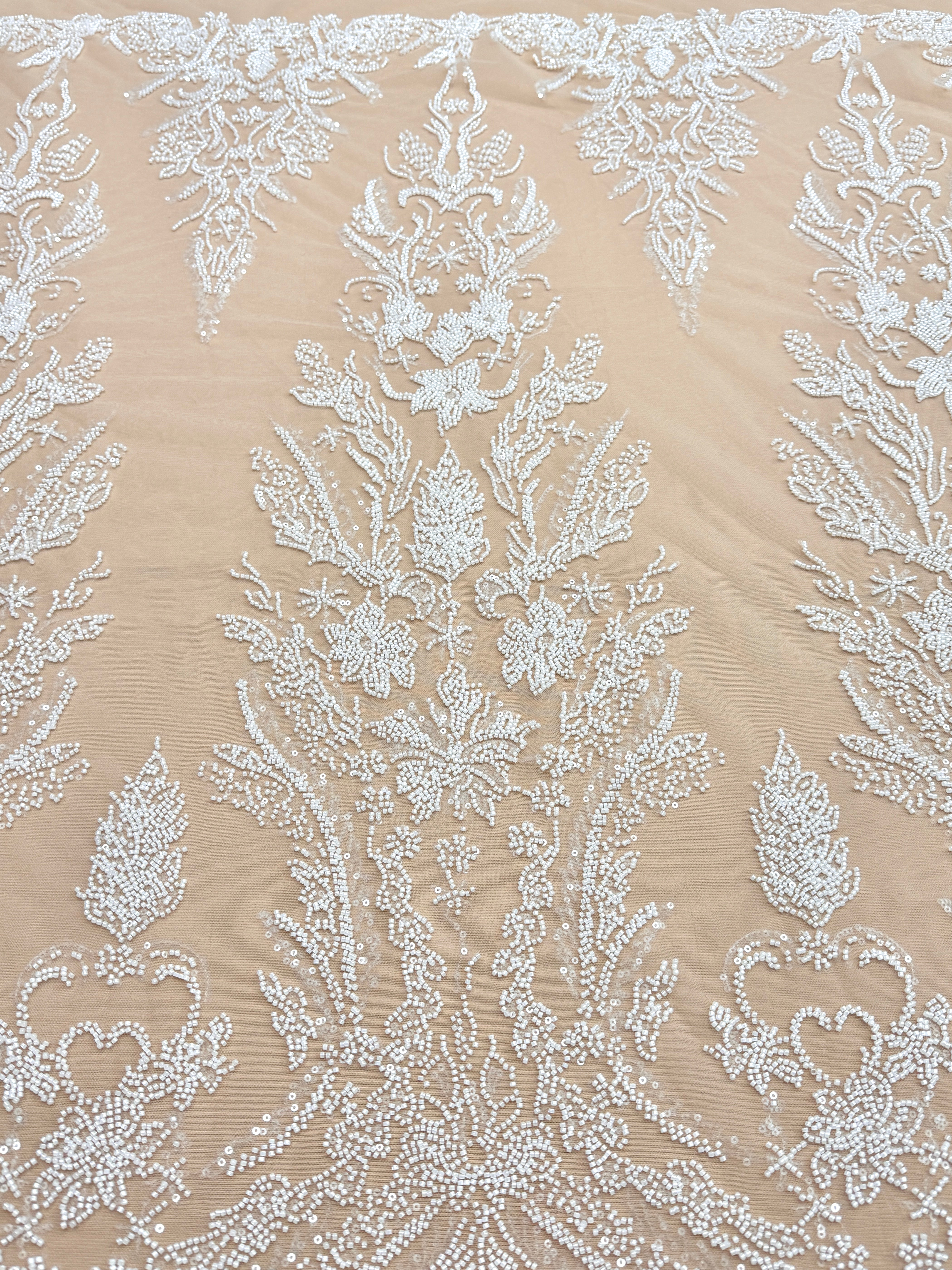 Ivory Couture Lace on Nude Tulle with Floral Pattern, Beads and Sequins