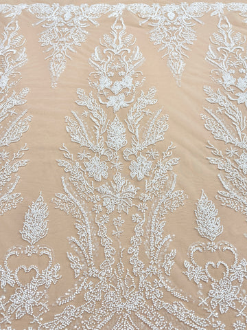 Ivory Couture Lace on Nude Tulle with Floral Pattern, Beads and Sequins