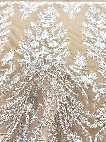 Ivory Couture Lace on Nude Tulle with Floral Pattern, Beads and Sequins