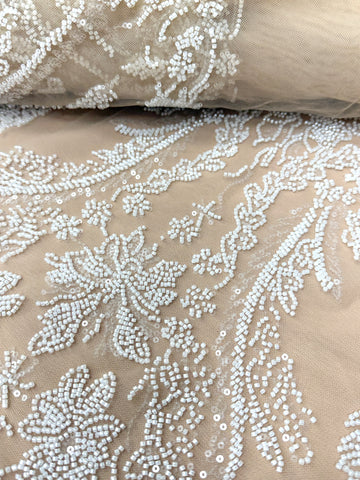 Dantela Couture Ivory pe Tulle Nude cu Model Floral, cu Margele si Paiete