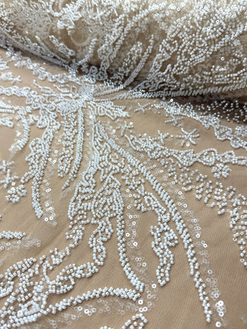 Dantela Couture Ivory pe Tulle Nude cu Model Floral, cu Margele si Paiete