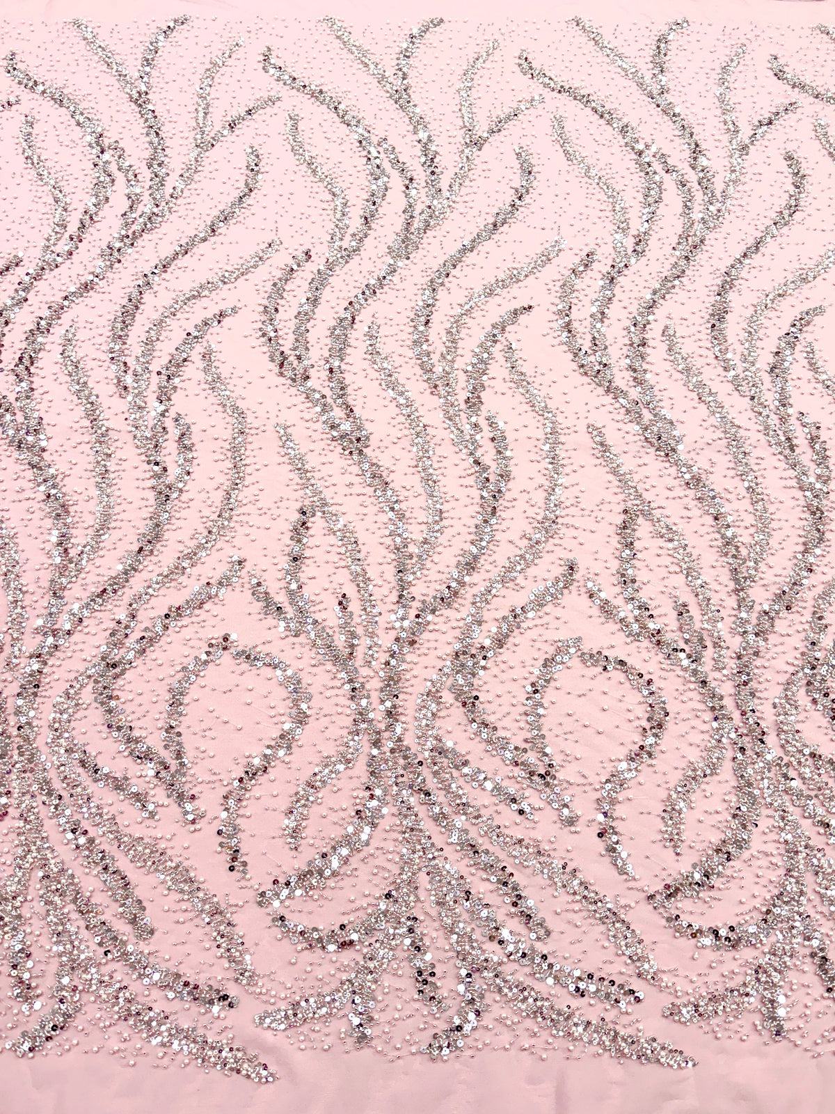 Silver Couture Lace on Pink Tulle with Pearls, Beads and Sequins