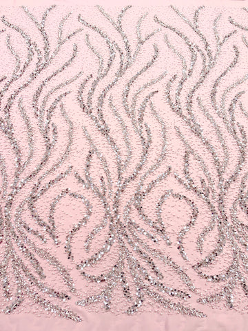 Silver Couture Lace on Pink Tulle with Pearls, Beads and Sequins