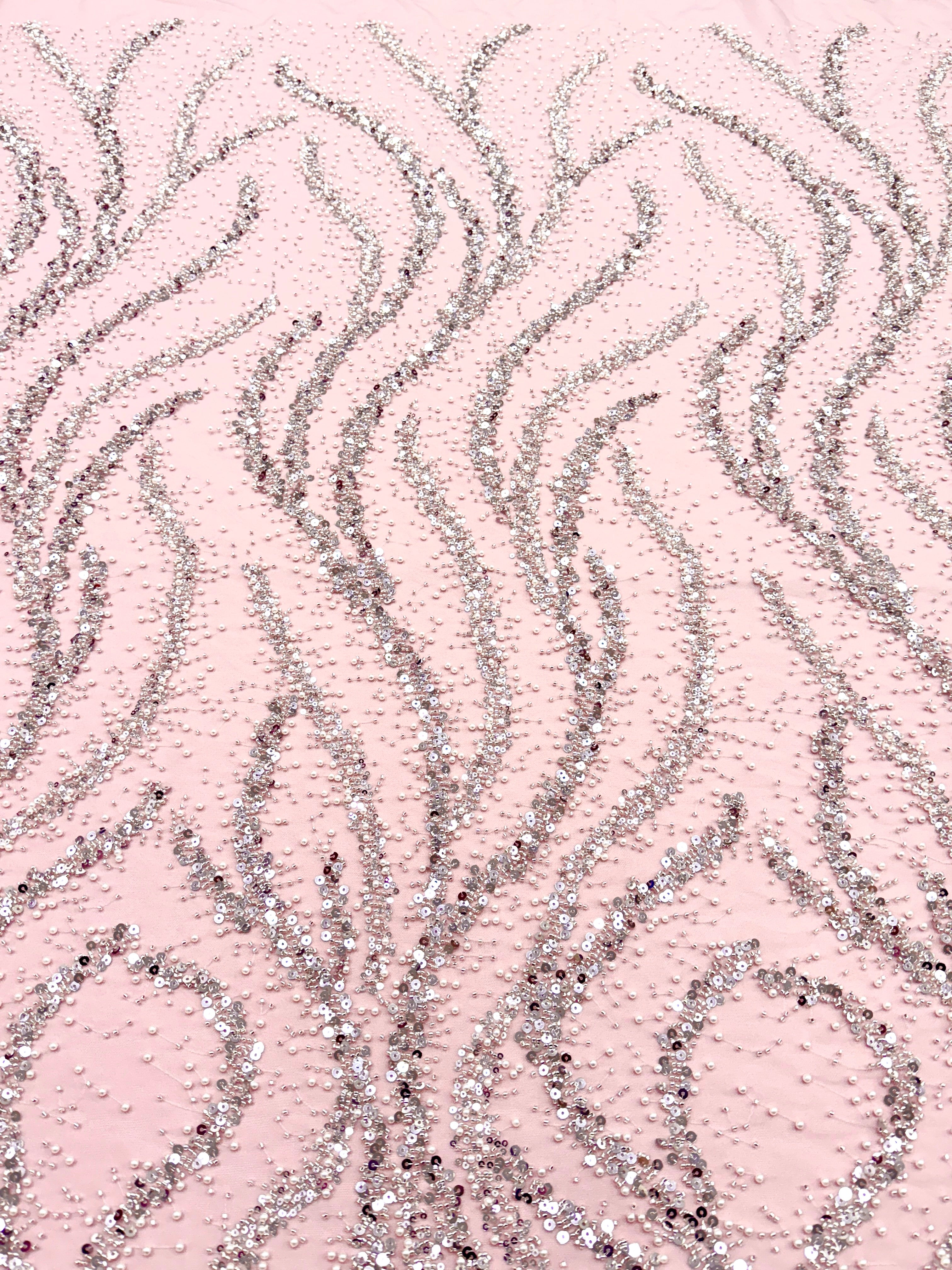 Silver Couture Lace on Pink Tulle with Pearls, Beads and Sequins