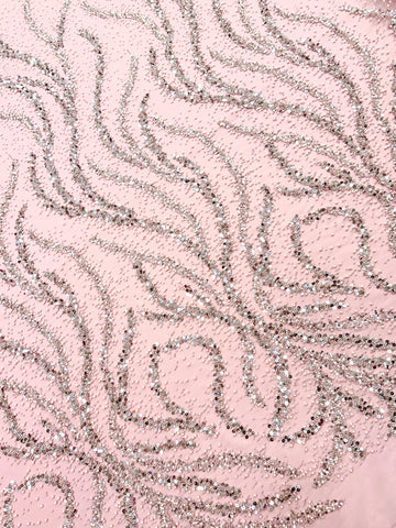 Silver Couture Lace on Pink Tulle with Pearls, Beads and Sequins
