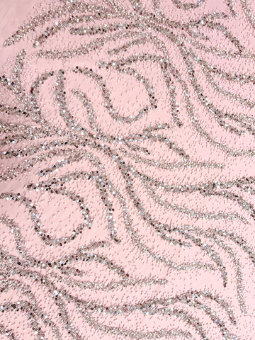 Silver Couture Lace on Pink Tulle with Pearls, Beads and Sequins