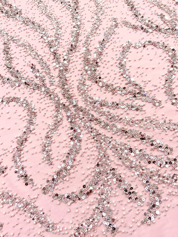 Silver Couture Lace on Pink Tulle with Pearls, Beads and Sequins