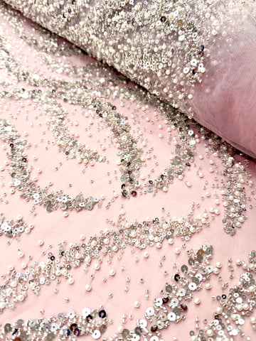 Silver Couture Lace on Pink Tulle with Pearls, Beads and Sequins