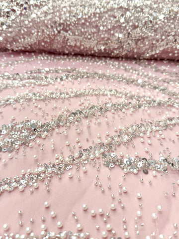 Silver Couture Lace on Pink Tulle with Pearls, Beads and Sequins