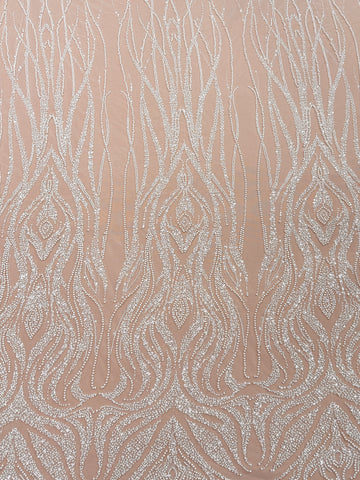 Dantela Ivory cu Model Geometric, cu Perle, Margele si Paiete