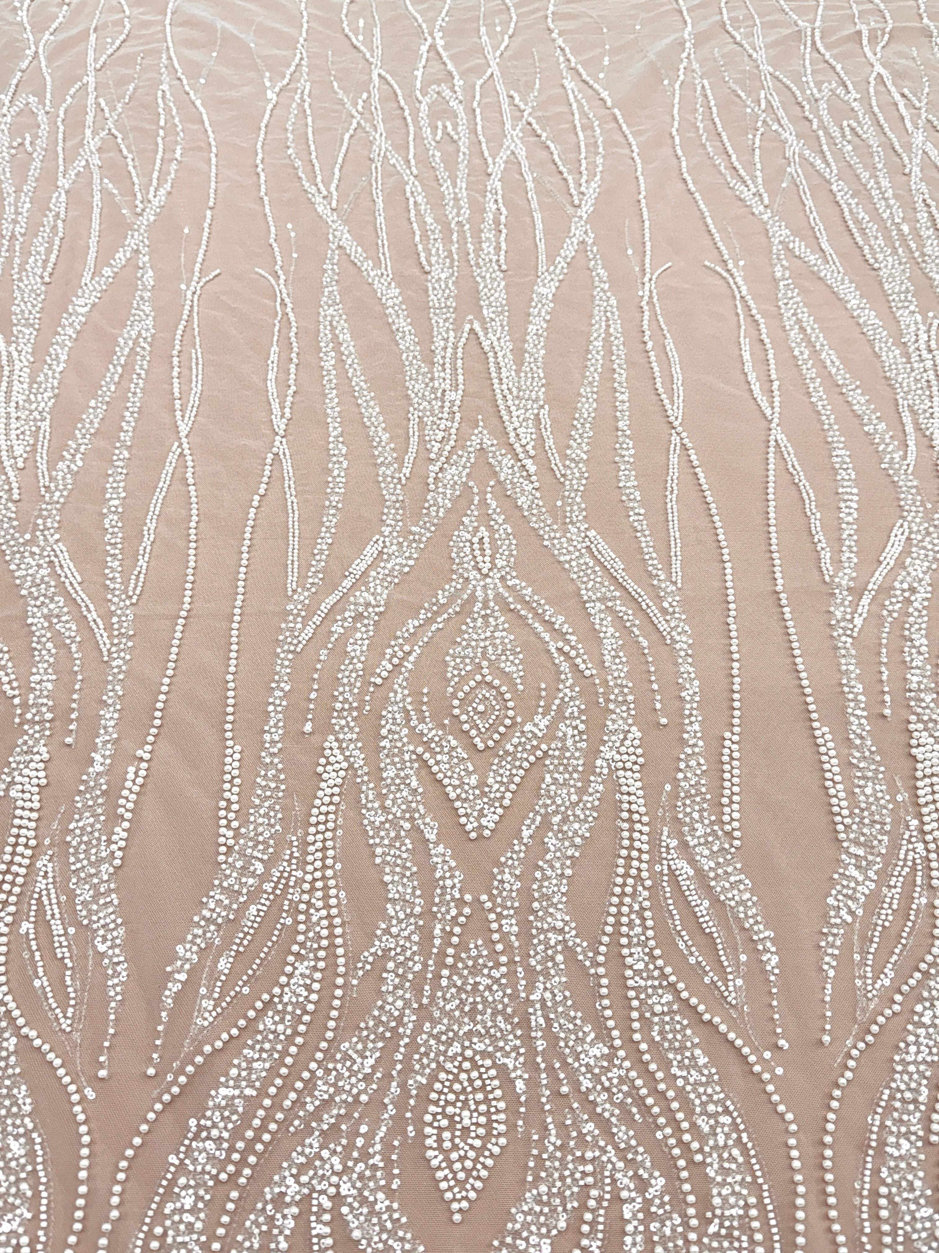 Ivory Lace with Geometric Pattern, with Pearls, Beads and Sequins