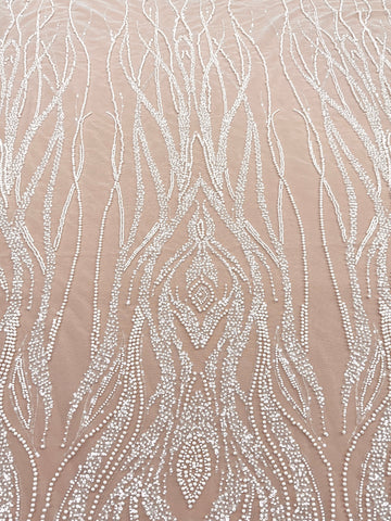 Dantela Ivory cu Model Geometric, cu Perle, Margele si Paiete