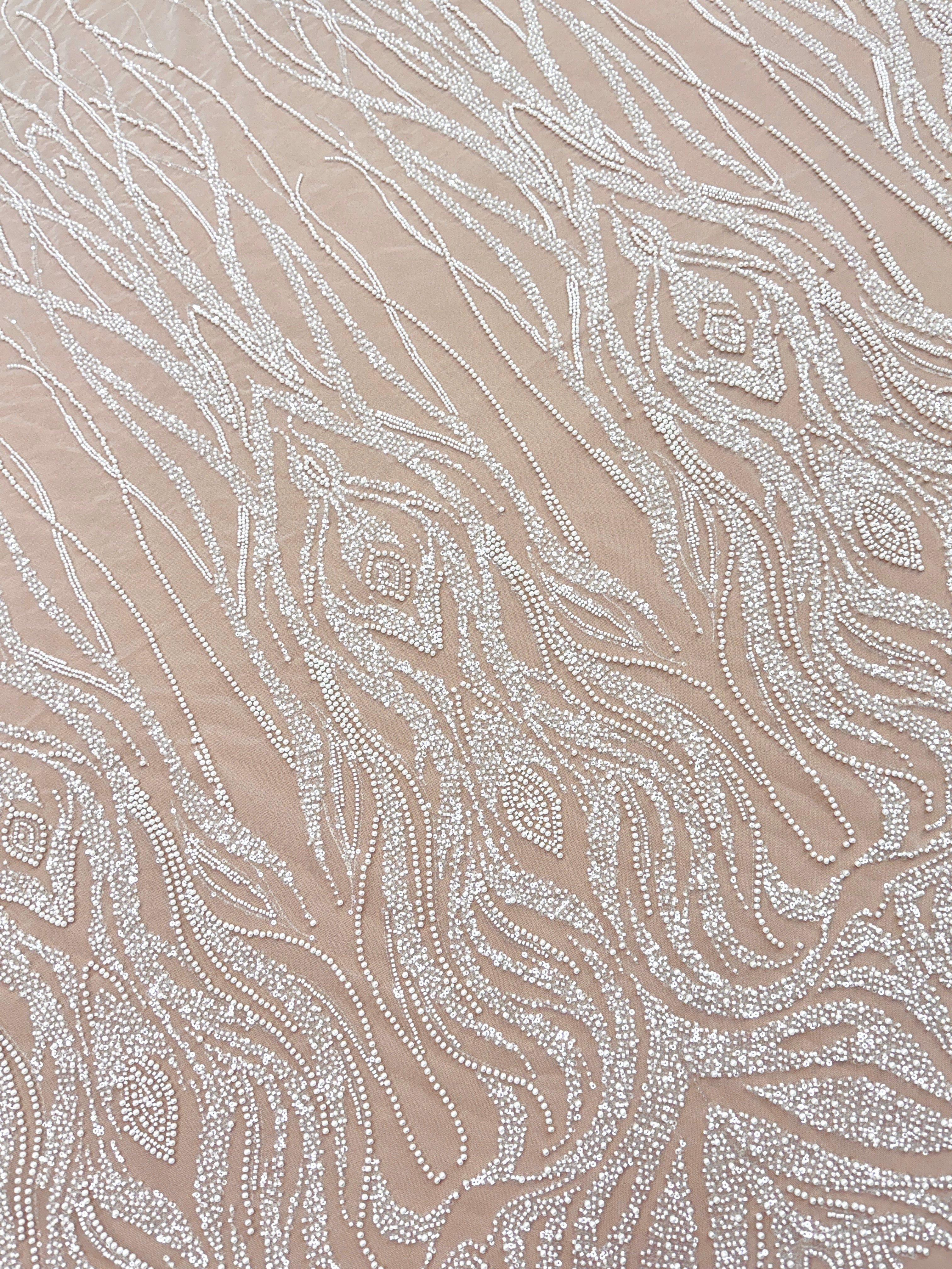 Ivory Lace with Geometric Pattern, with Pearls, Beads and Sequins