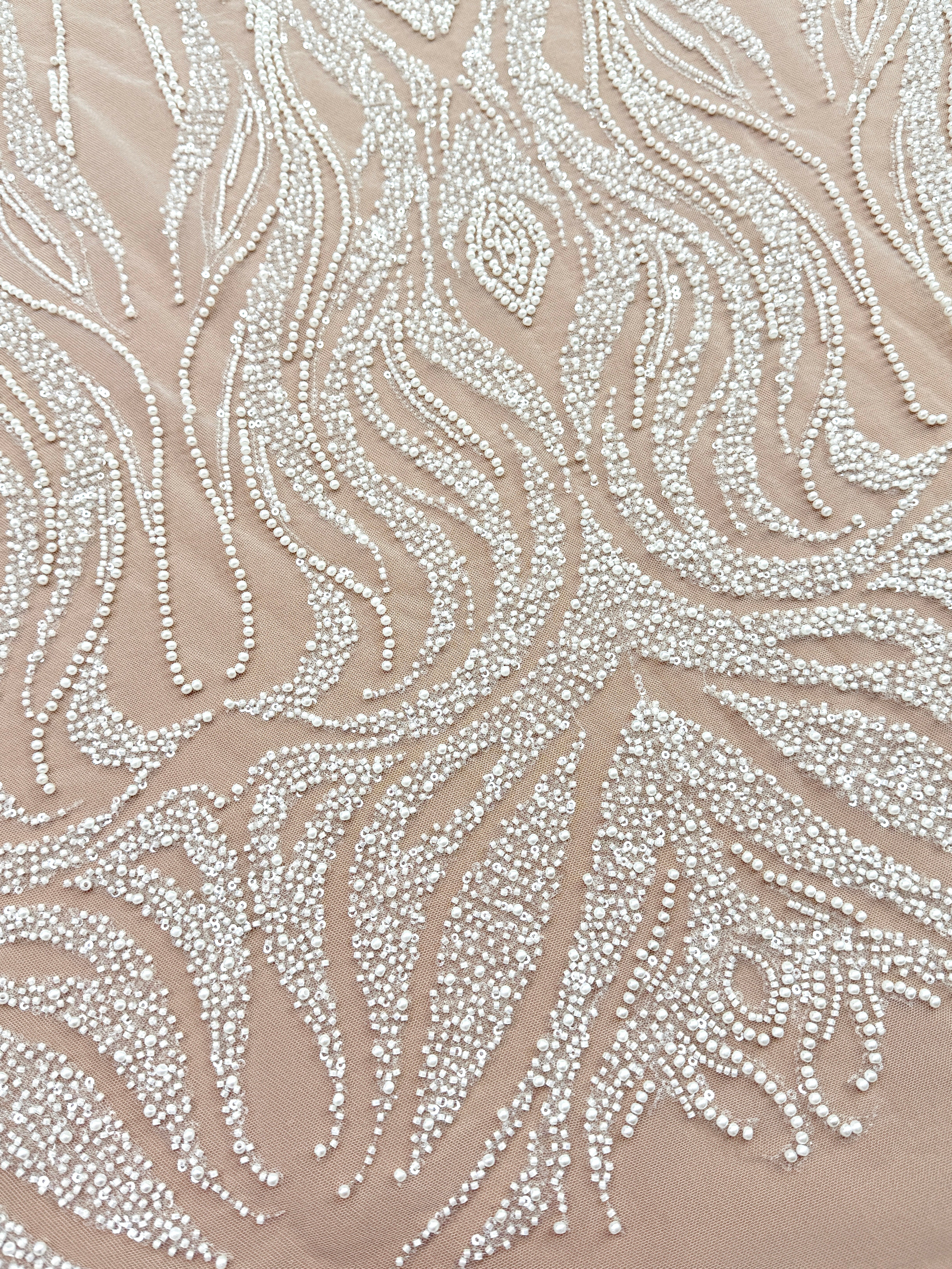 Ivory Lace with Geometric Pattern, with Pearls, Beads and Sequins