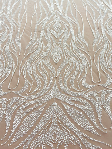Ivory Lace with Geometric Pattern, with Pearls, Beads and Sequins