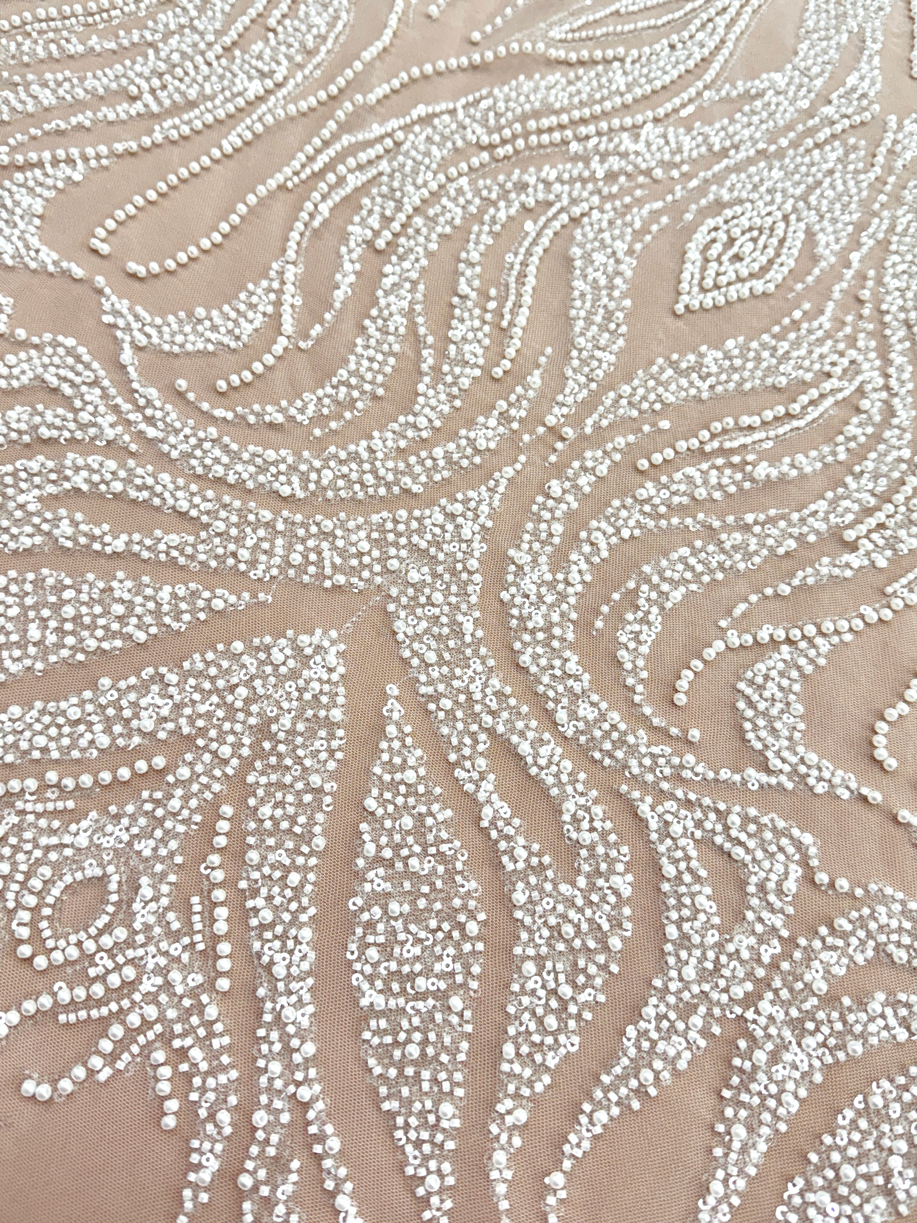 Ivory Lace with Geometric Pattern, with Pearls, Beads and Sequins