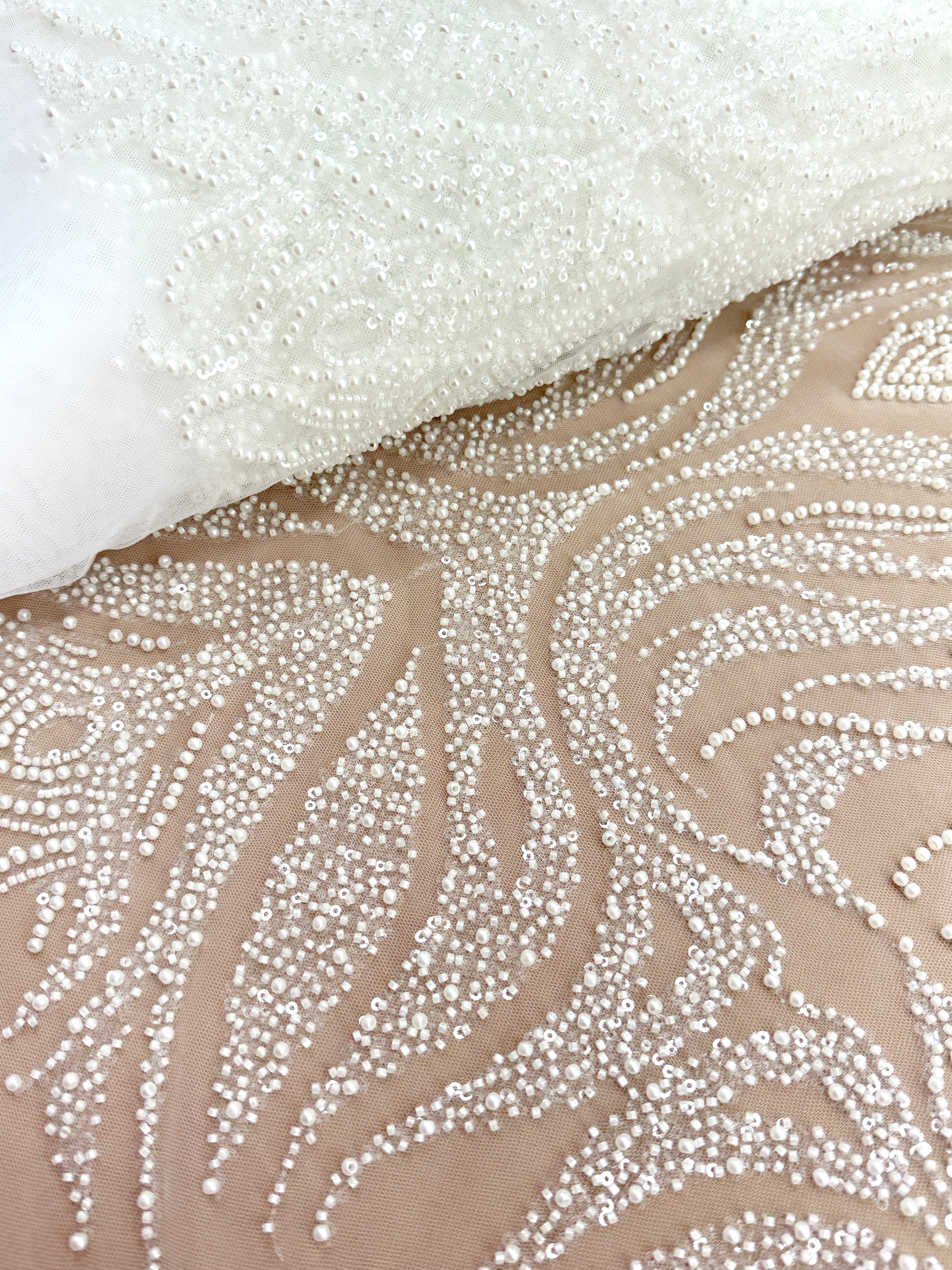 Ivory Lace with Geometric Pattern, with Pearls, Beads and Sequins