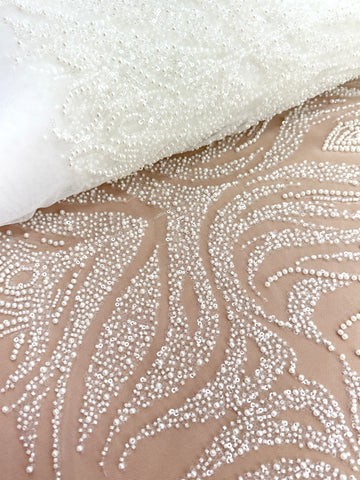 Dantela Ivory cu Model Geometric, cu Perle, Margele si Paiete