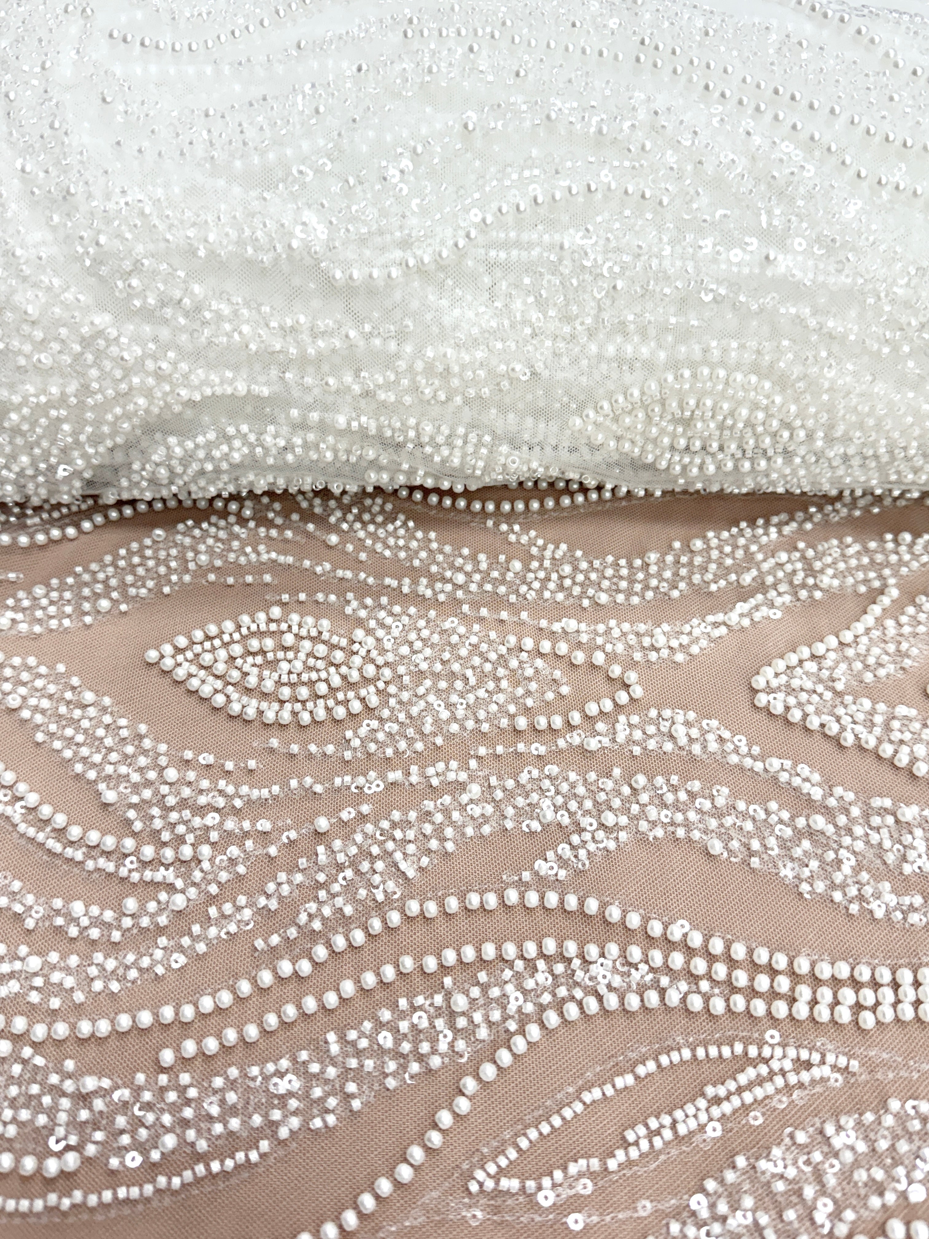 Ivory Lace with Geometric Pattern, with Pearls, Beads and Sequins