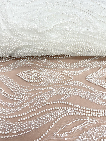 Ivory Lace with Geometric Pattern, with Pearls, Beads and Sequins
