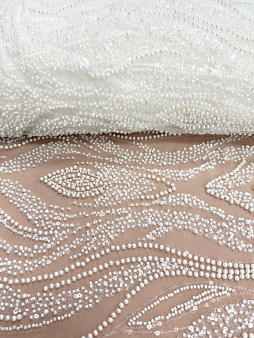 Dantela Ivory cu Model Geometric, cu Perle, Margele si Paiete