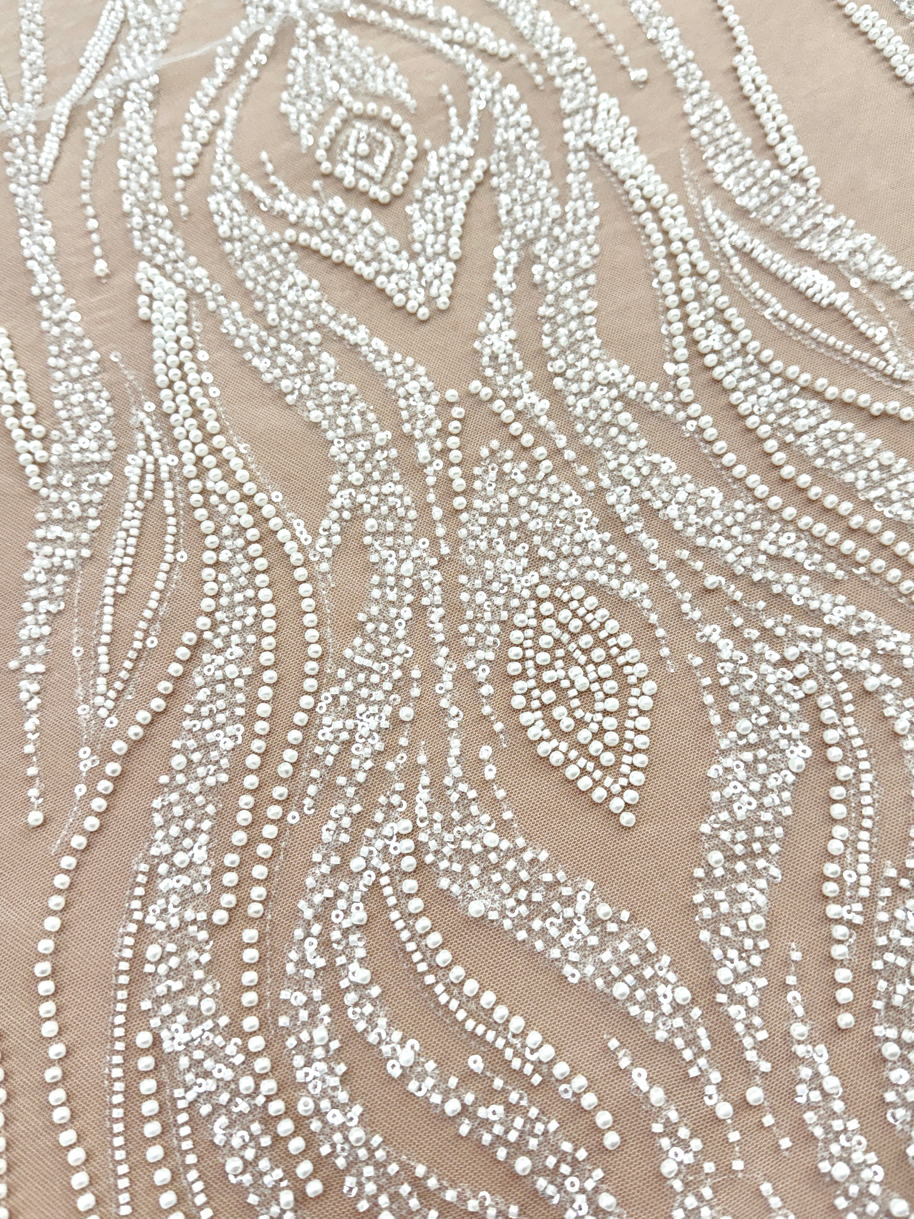 Ivory Lace with Geometric Pattern, with Pearls, Beads and Sequins