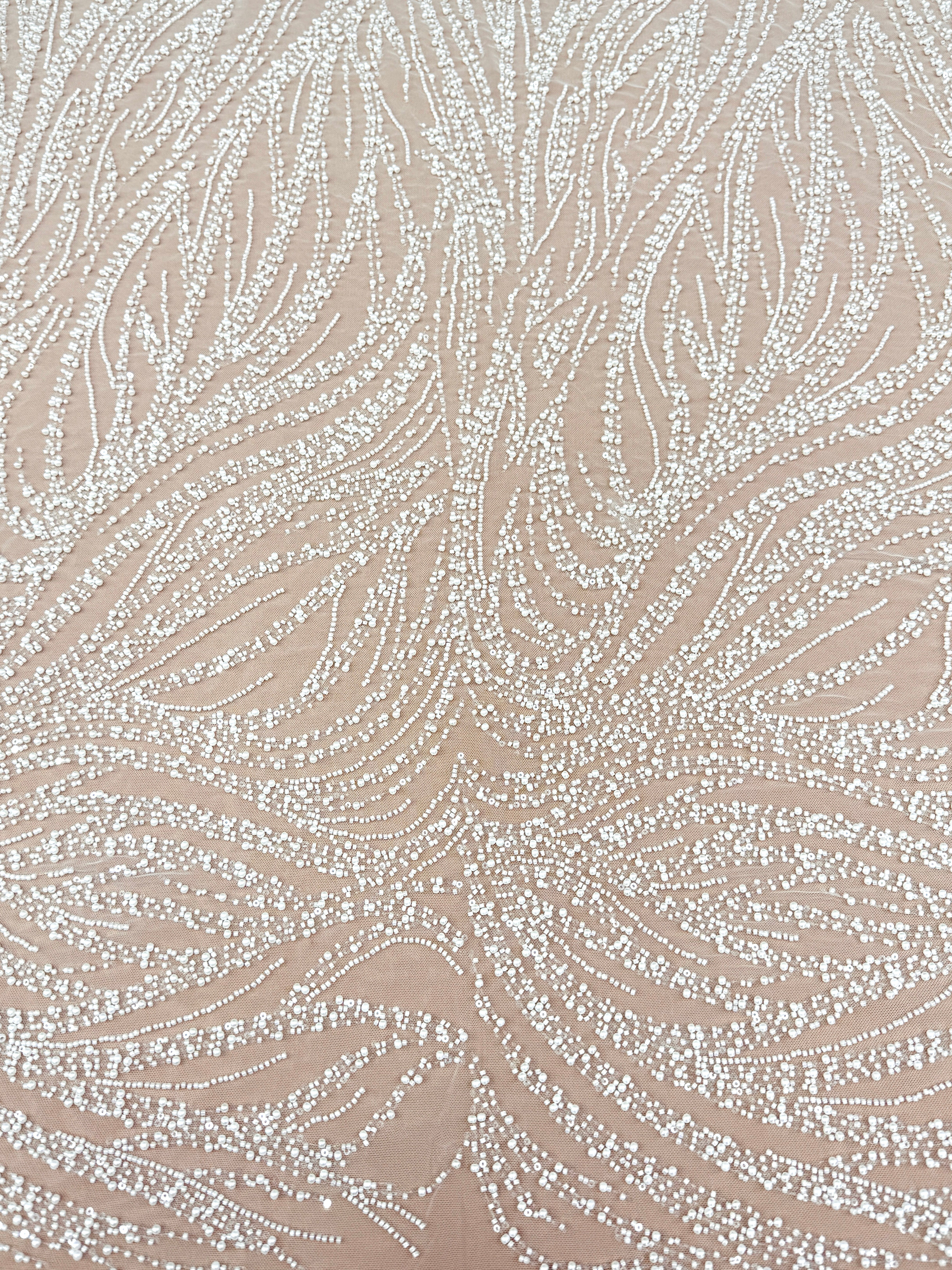 Ivory Lace with Geometric Pattern, with Pearls, Beads and Sequins