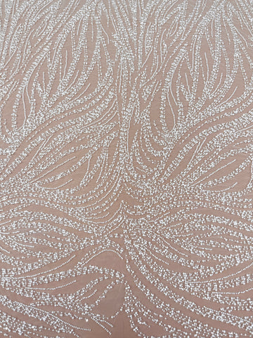 Dantela Ivory cu Model Geometric, cu Perle, Margele si Paiete