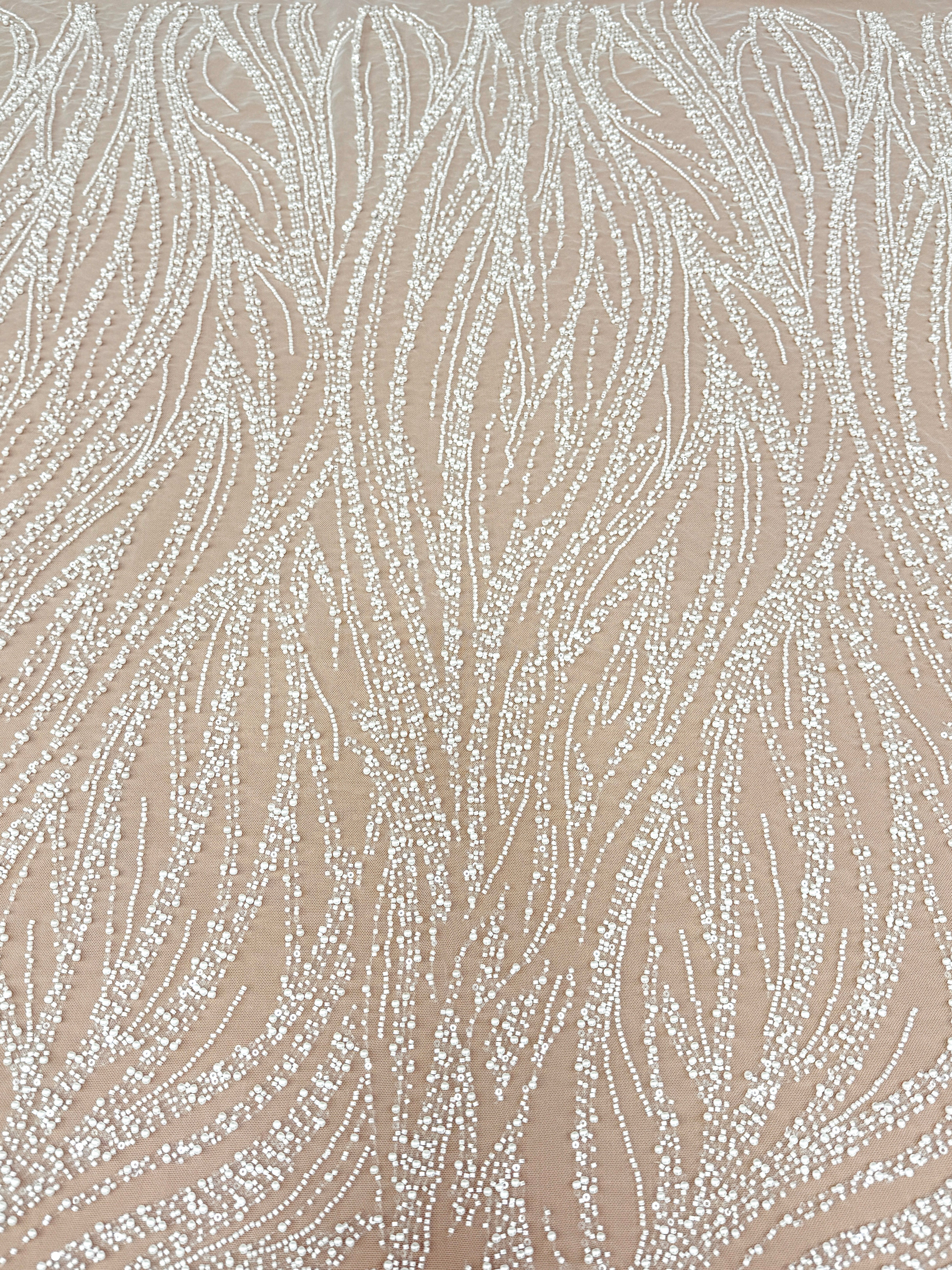 Ivory Lace with Geometric Pattern, with Pearls, Beads and Sequins