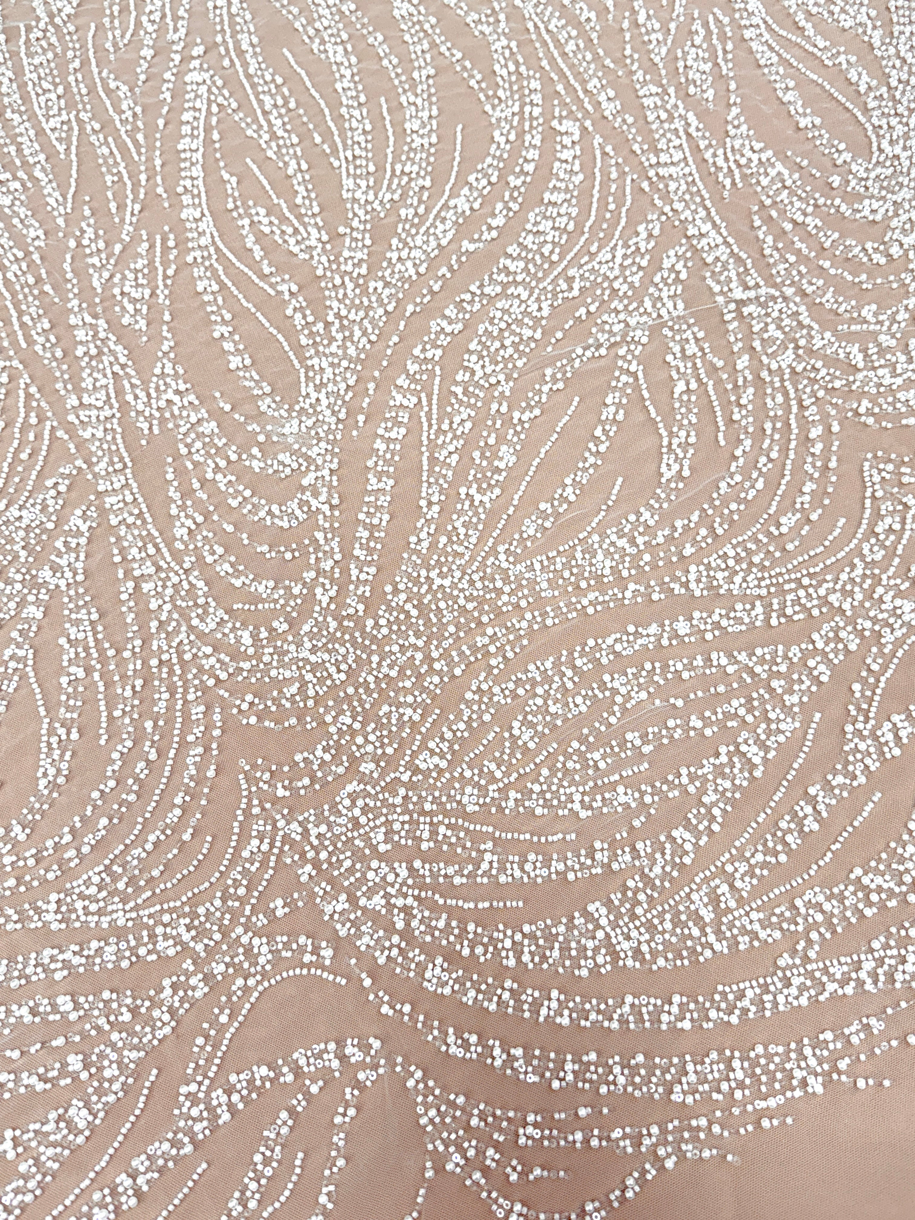 Ivory Lace with Geometric Pattern, with Pearls, Beads and Sequins