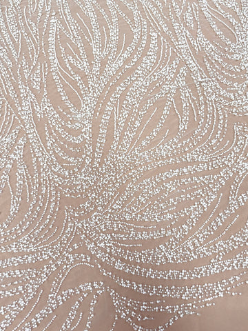 Dantela Ivory cu Model Geometric, cu Perle, Margele si Paiete