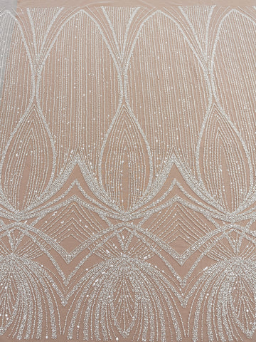 Dantela Ivory cu Model Geometric, cu Perle, Margele si Paiete