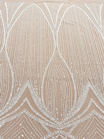 Dantela Ivory cu Model Geometric, cu Perle, Margele si Paiete