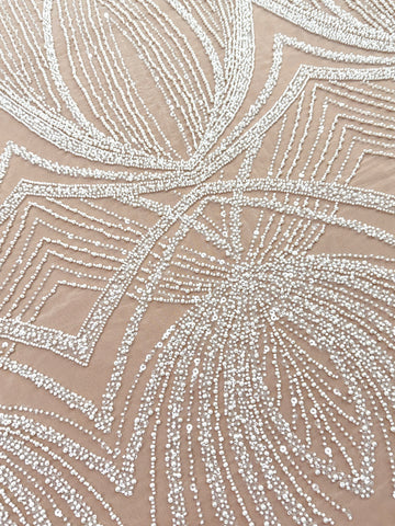 Dantela Ivory cu Model Geometric, cu Perle, Margele si Paiete