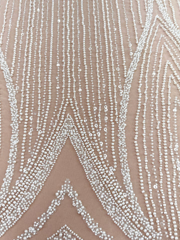 Dantela Ivory cu Model Geometric, cu Perle, Margele si Paiete