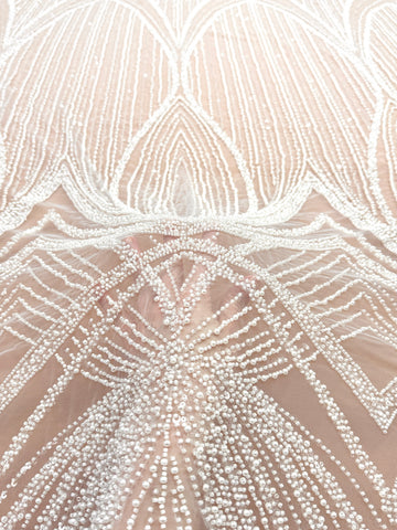 Dantela Ivory cu Model Geometric, cu Perle, Margele si Paiete