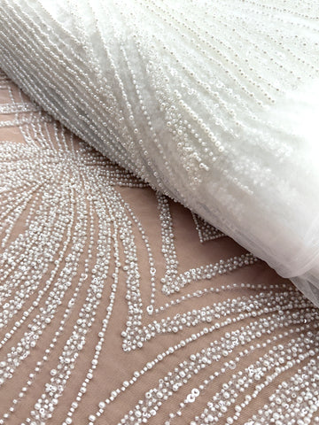 Dantela Ivory cu Model Geometric, cu Perle, Margele si Paiete