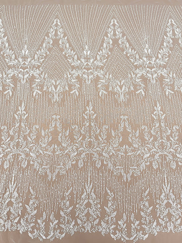 Dantela Ivory cu Model Geometric, cu Perle, Margele si Paiete