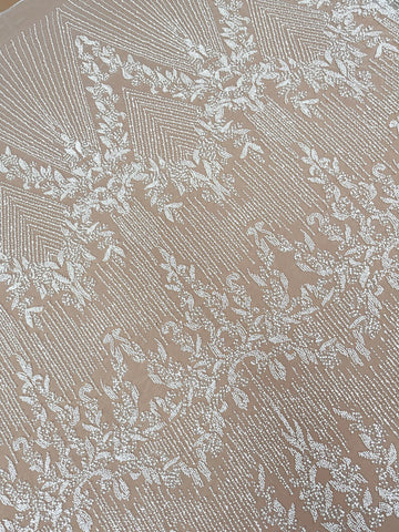 Dantela Ivory cu Model Geometric, cu Perle, Margele si Paiete