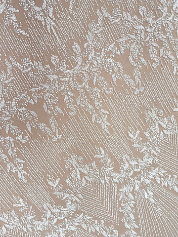 Dantela Ivory cu Model Geometric, cu Perle, Margele si Paiete