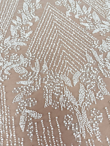 Dantela Ivory cu Model Geometric, cu Perle, Margele si Paiete