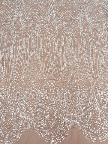 Dantela Ivory cu Model Geometric, cu Perle, Margele si Paiete