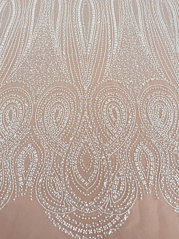 Dantela Ivory cu Model Geometric, cu Perle, Margele si Paiete