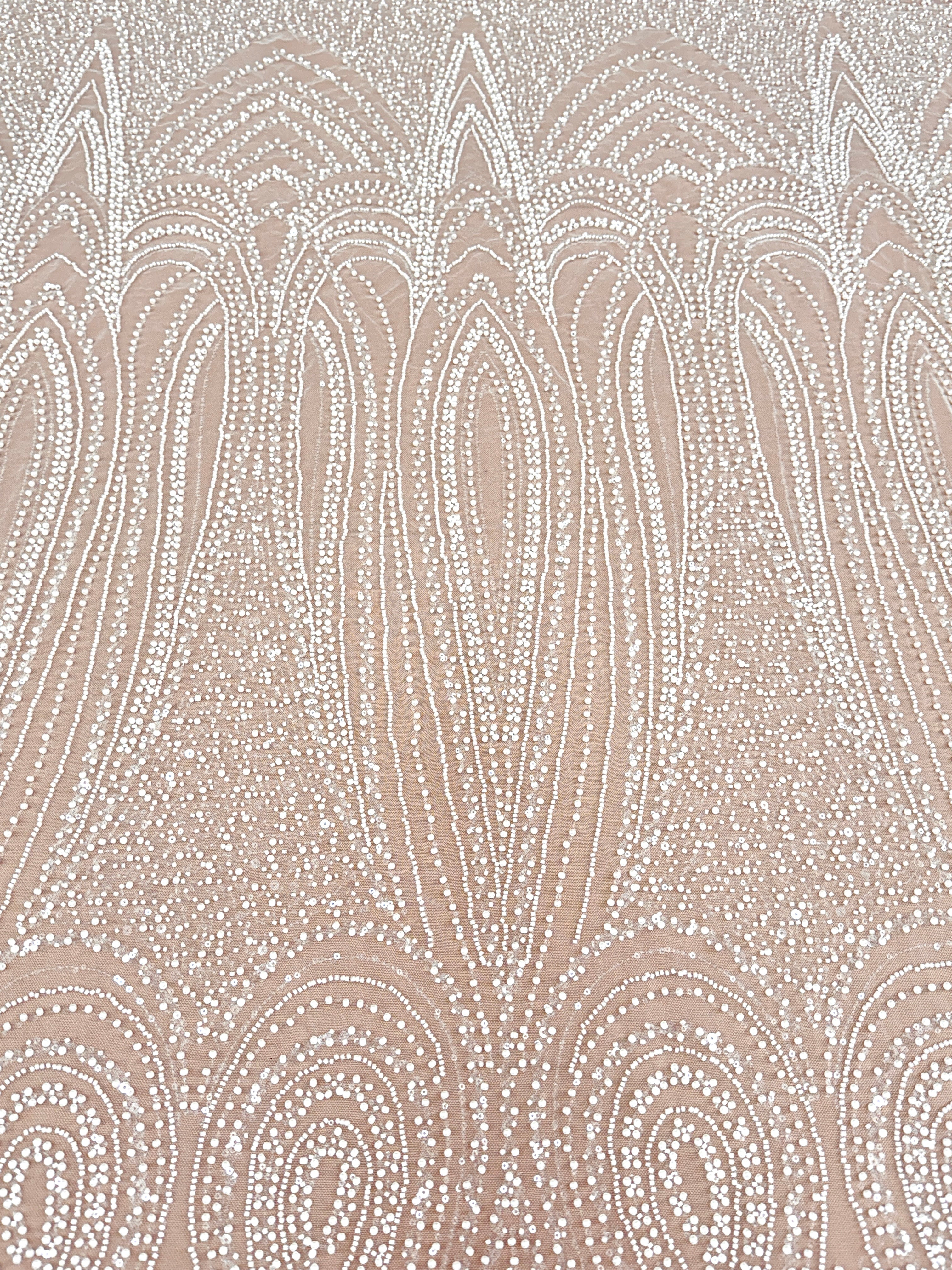 Ivory Lace with Geometric Pattern, with Pearls, Beads and Sequins